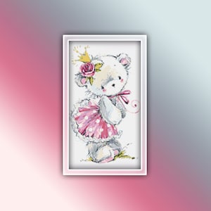 Teddy Bear Cross Stitch Pattern 8 Instant PDF Download - Teddy Bear Princess Watercolor Cross Stitch Pattern - Baby Girl - Girl Bear