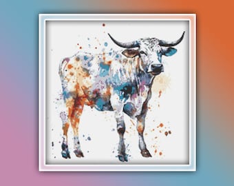 Patrón de punto de cruz de vaca Nguni 2 Descarga instantánea en PDF - Patrón de punto de cruz de acuarela de vaca africana - Vaca de ganado africana