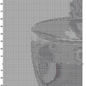 May include: A black and white cross stitch pattern with a detailed image of a gray cat with green eyes. The pattern is on a grid with numbers and letters for reference.