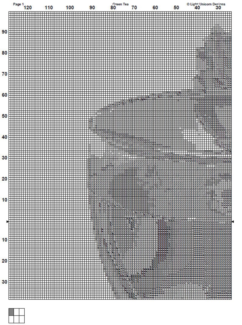 May include: A black and white cross stitch pattern with a detailed image of a gray cat with green eyes. The pattern is on a grid with numbers and letters for reference.