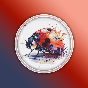 May include: A red and black ladybug with white spots is painted in a watercolor style with splashes of color around it.