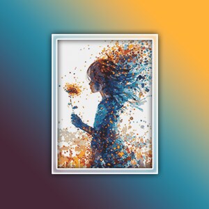 Könnte beinhalten: Ein gerahmtes Kreuzstich-Kunstwerk zeigt die Silhouette einer Person, die eine Blume hält. Das Kunstwerk verwendet einen pixeligen Stil mit Blautönen, Orange und Braun. Das Haar der Person und die Blütenblätter der Blume scheinen im Wind zu wehen.