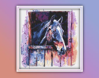 Black Horse Cross Stitch Pattern 8 Instant PDF Download - Horse Watercolor Cross Stitch Pattern - Animal Cross Stitch Pattern