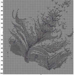May include: Black and white pixel art design of a tree with a book in the center. The design is on a grid with numbers 1-100 on the left and right sides.