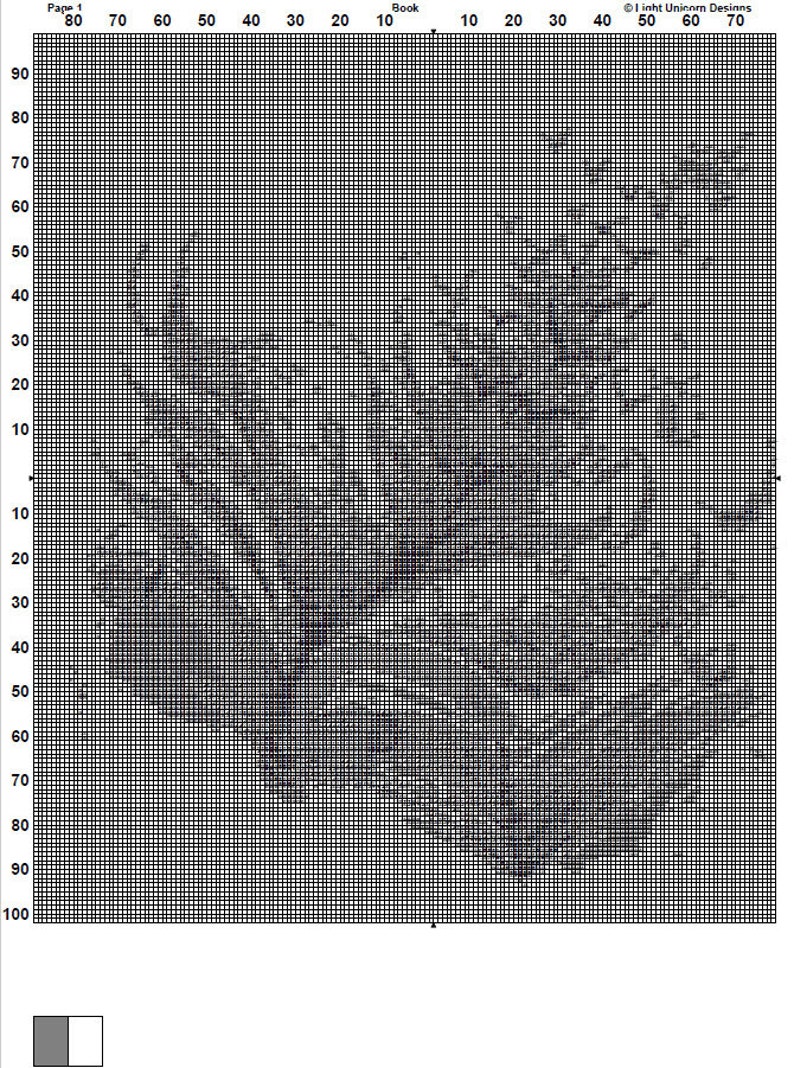 May include: Black and white pixel art design of a tree with a book in the center. The design is on a grid with numbers 1-100 on the left and right sides.