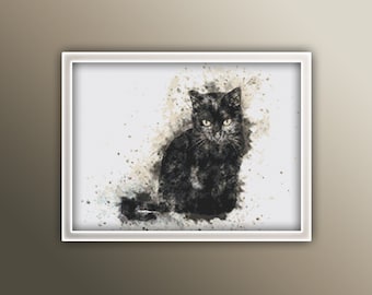 Black Cat Cross Stitch Pattern Instant PDF Download - Black Cat Watercolor Cross Stitch Pattern - Animal Cross Stitch Pattern