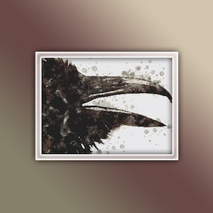 Raven Cross Stitch Pattern Instant PDF Download - Raven Watercolor Cross Stitch Pattern - Bird Cross Stitch Pattern - Black Crow
