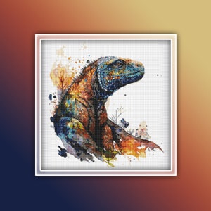 Patrón de punto de cruz del dragón de Komodo 2 Descarga instantánea en PDF - Patrón de punto de cruz de acuarela de la habitación de los niños - Punto de cruz de acuarela del dragón