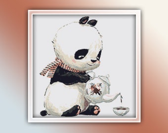 Panda Bear Cross Stitch Pattern 2 Instant PDF Download - Tea Watercolor Cross Stitch Pattern - Coffee Cross Stitch Pattern