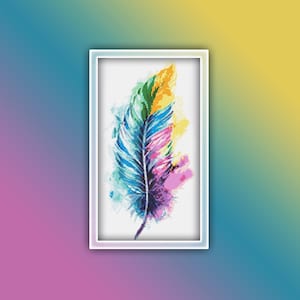 Feather Cross Stitch Pattern 2 Instant PDF Download- Feather Watercolor Cross Stitch Pattern - Rainbow Feather Colorful
