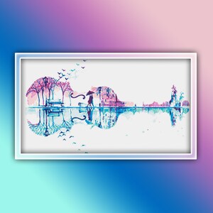 May include: A watercolour painting of a violin with a cityscape reflected in the water. The violin is made up of trees and a couple walking under an umbrella. The cityscape is reflected in the water below.
