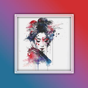 Geisha Cross Stitch Pattern 3 Instant PDF Download - Japanese Woman Watercolor Cross Stitch Pattern - Japanese Courtesan Watercolor