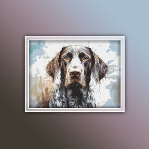 May include: A brown and white German Shorthaired Pointer dog with a watercolor background.