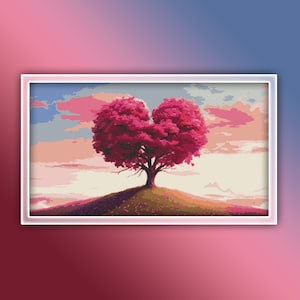 Heart Tree Landscape Cross Stitch Pattern 2 Instant PDF Download - Sunset Landscape Cross Stitch Pattern - Heart Tree Cross Stitch Pattern