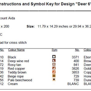 Peut inclure: Un tableau de point de croix pour un motif de cerf, avec une l&eacute;gende des symboles et un tableau des couleurs. Le tableau comprend 14 couleurs, avec les num&eacute;ros et les noms des fils DMC, tels que noir, rouge vin fonc&eacute;, beige ros&eacute; et cr&egrave;me. Le motif mesure 165 points de large sur 200 points de haut, et mesure 29,94 cm sur 36,29 cm.