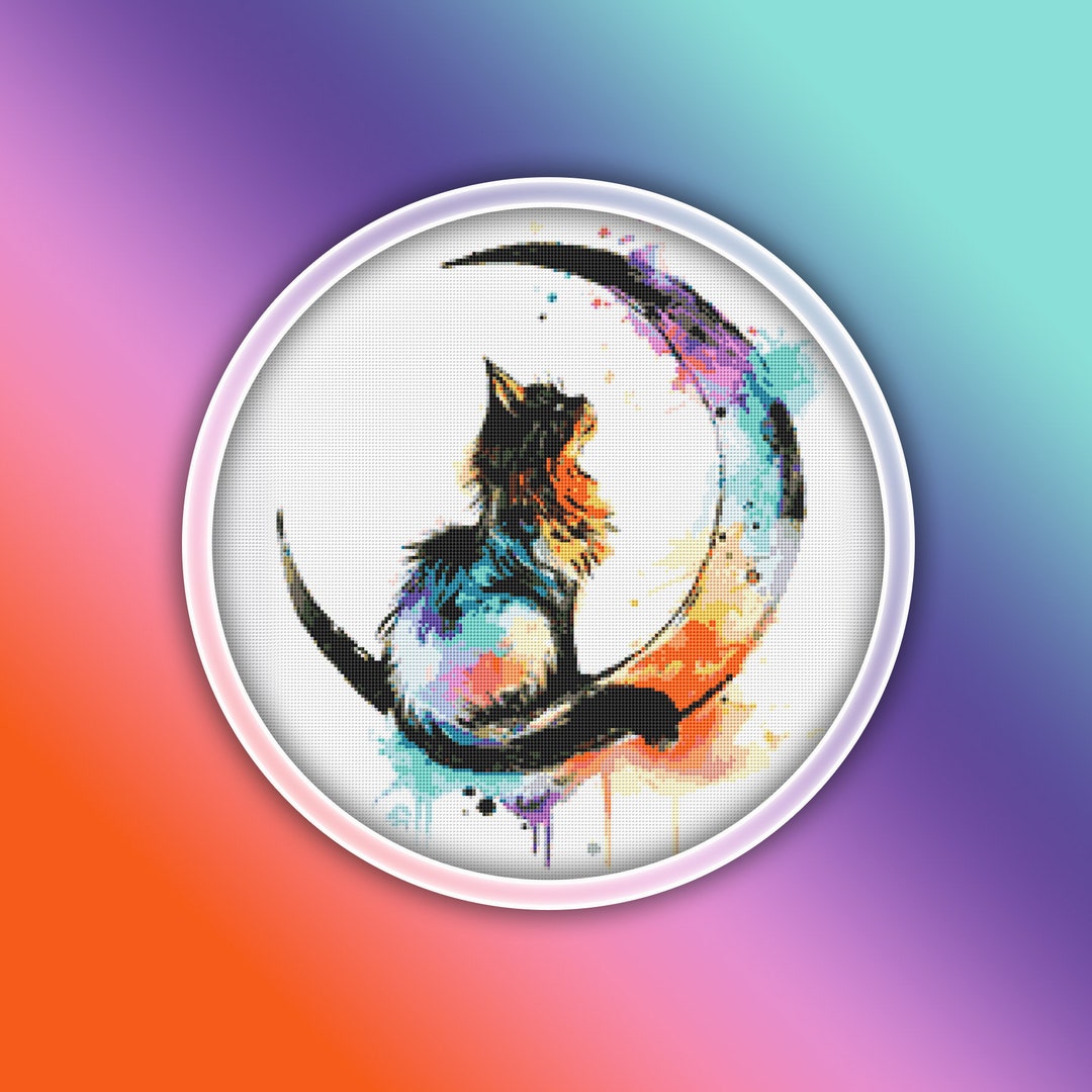 Cat and Moon Cross Stitch Pattern 1 Instant PDF Download - Black Cat ...
