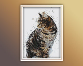 Tabby Cat Cross Stitch Pattern Instant PDF Download - Kitty Watercolor Cross Stitch Pattern - Animal Cross Stitch Pattern