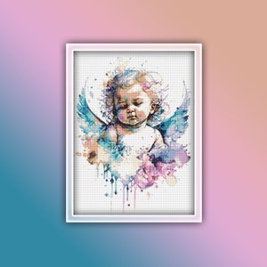 Cherub Cross Stitch Pattern 3 Instant PDF Download - Angel Watercolor Cross Stitch Pattern - Baby Angel Wings - Celestial Angel Child
