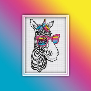 Enhörningszebra korsstygnsmönster 1 Direkt PDF-nedladdning - Zebra akvarell korsstygnsmönster - Regnbågszebra korsstygnsmönster