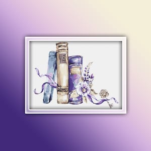 Book Cross Stitch Pattern 3 Instant PDF Download - Reading Watercolor Cross Stitch Pattern