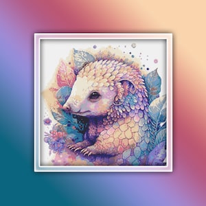 May include: A colorful illustration of a small, white hedgehog with a purple, blue, and pink patterned shell. The hedgehog is surrounded by flowers and leaves.