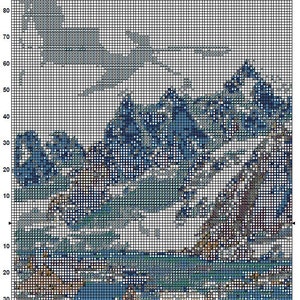 Pu&ograve; includere: Uno schema di punto croce per un paesaggio blu e bianco con montagne e acqua. Lo schema &egrave; su una griglia con numeri e lettere per riferimento. Lo schema &egrave; intitolato "Groenlandia 1" e fa parte di un progetto pi&ugrave; ampio.