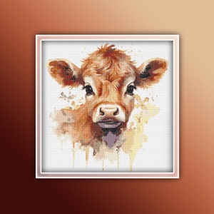 Calf Cross Stitch Pattern 1 Instant PDF Download - Cow Watercolor Cross Stitch Pattern - Animal Cross Stitch Pattern