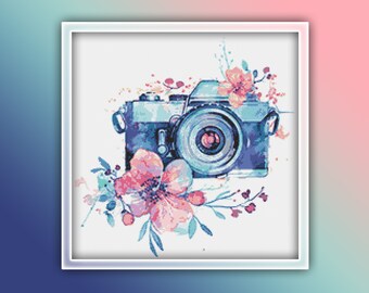 Camera Cross Stitch Pattern 9 Instant PDF Download - Camera Watercolor Cross Stitch Pattern - Photography