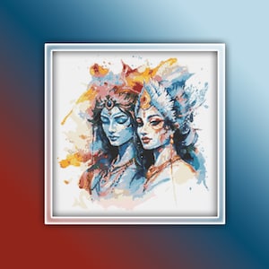 Rama and Sita Cross Stitch Pattern 2 Instant PDF Download - Watercolor Cross Stitch Pattern - Modern God and Goddess Hinduism