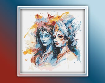 Rama and Sita Cross Stitch Pattern 2 Instant PDF Download - Watercolor Cross Stitch Pattern - Modern God and Goddess Hinduism