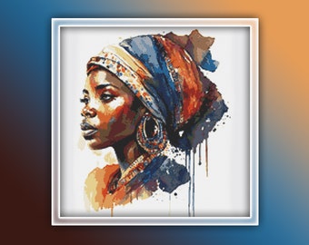 May include: A watercolor painting of a woman with dark skin wearing a colorful headscarf and large earrings. The background is a light blue and orange gradient.