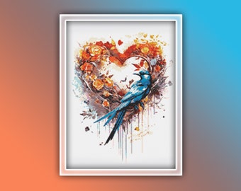 Bird Heart Cross Stitch Pattern 1 Instant PDF Download - Blue Bird Watercolor Cross Stitch Pattern - Bird Cross Stitch Pattern