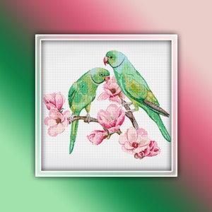 Op de afbeelding: Twee groene parkieten zitten op een tak met roze bloesems. De vogels kijken elkaar aan en lijken te communiceren.