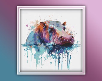 Hippo Cross Stitch Pattern 9 Instant PDF Download - Hippopotamus Watercolor Cross Stitch Pattern - Animal Cross Stitch Pattern