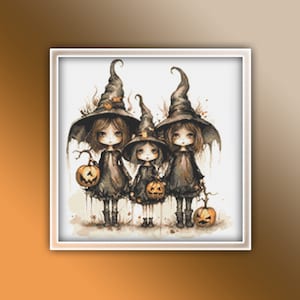 Drei Hexen Kreuzstichmuster 2 Sofort PDF Download - Frau Aquarell Kreuzstichmuster - Frauen Hexen mit Umhänge Halloween