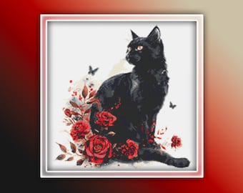 Pode incluir: Um gato preto com olhos verdes senta-se no meio de um buquê de rosas vermelhas e folhas verdes. O gato está olhando para a esquerda da imagem. O fundo é branco.