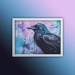 Raven Cross Stitch Pattern 2 Instant PDF Download - Raven Watercolor Cross Stitch Pattern - Bird Cross Stitch - Black Crow Full Coverage