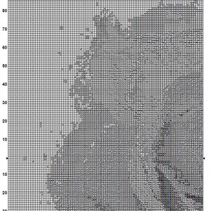 May include: A black and white cross stitch pattern of a rainbow rose. The pattern is on a grid with numbers along the top and side.