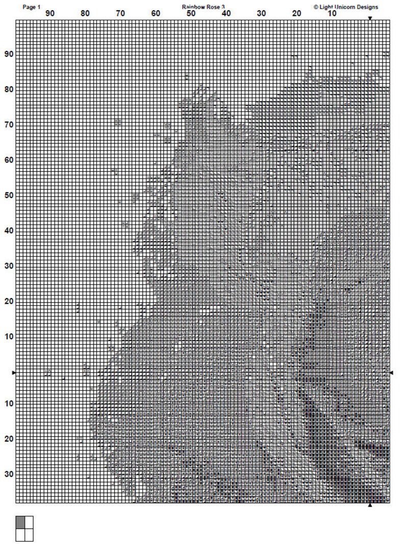 May include: A black and white cross stitch pattern of a rainbow rose. The pattern is on a grid with numbers along the top and side.