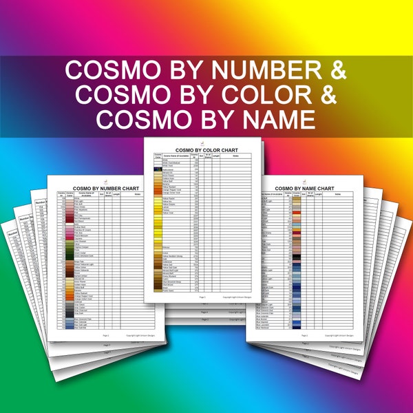 Cosmo Thread Charts PDF Instant Download | Cross Stitch Chart | Inventory | Cosmo Thread List | By Color | By Number | By Name |