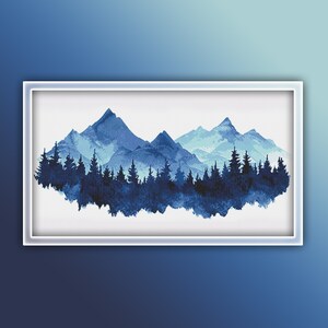 May include: A watercolor painting of a mountain range with a forest in the foreground. The mountains are painted in shades of blue, and the forest is a dark blue.