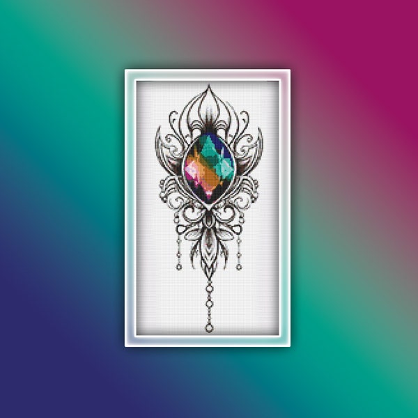 Jewel Cross Stitch Pattern 4 Instant PDF Download - Crystal Watercolor Cross Stitch Pattern - Quartz - Rainbow Blue Pink Crystal Jewelry