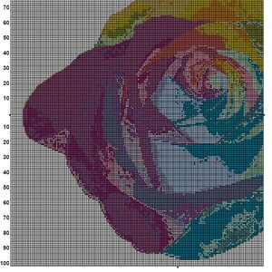 May include: A cross-stitch pattern of a colorful rose with a rainbow design. The pattern is on a grid with numbers for each row and column. The pattern is for a cross-stitch project.