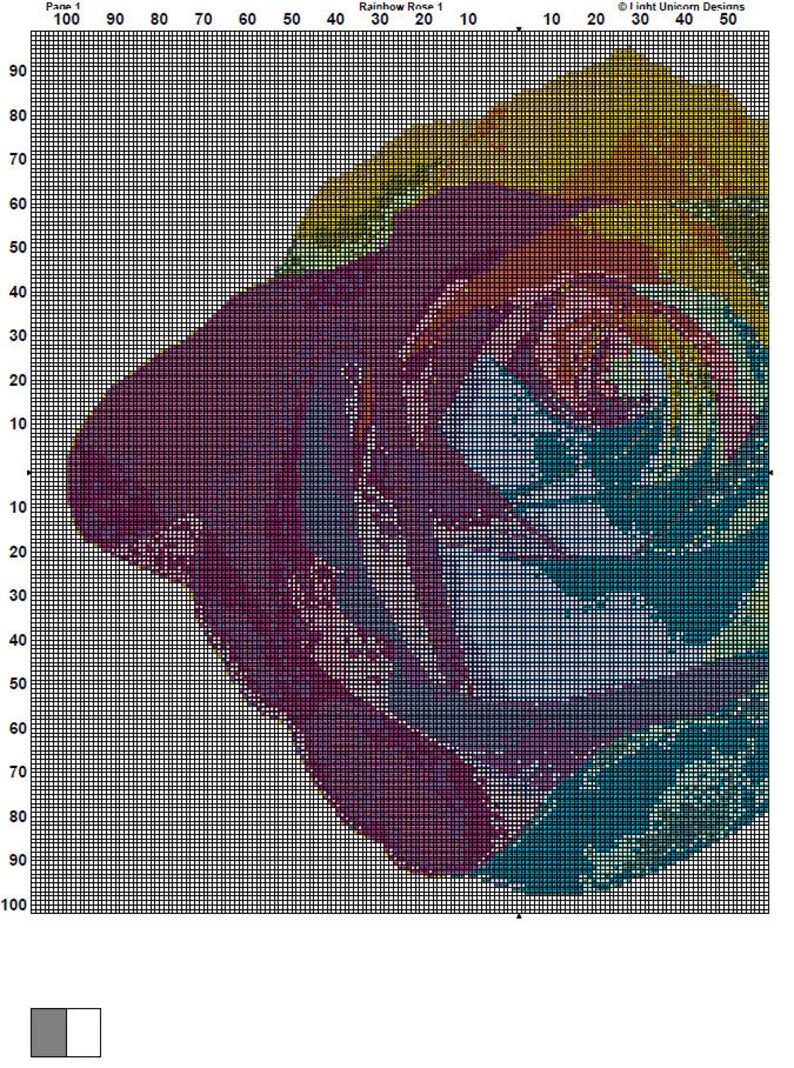 May include: A cross-stitch pattern of a colorful rose with a rainbow design. The pattern is on a grid with numbers for each row and column. The pattern is for a cross-stitch project.
