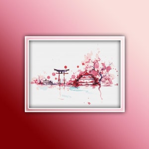 Japan Cross Stitch Pattern 1 Instant PDF Download - Tree Watercolor Cross Stitch Pattern - Japanese Landscape Cross Stitch Pattern