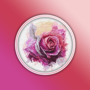 Rainbow Rose Cross Stitch Pattern 3 Instant PDF Download - Single Rose Watercolor Cross Stitch Pattern - Flower Cross Stitch Pattern image 1