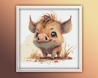 Patrón de punto de cruz Bush Pig 4 Descarga instantánea en PDF - Patrón de punto de cruz de acuarela Bushpig - Cerdo salvaje - Patrón de punto de cruz de cerdo rosa