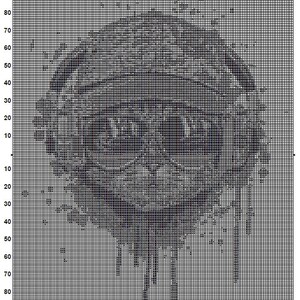 May include: Black and white pixel art pattern of a musical cat. The cat is sitting with its tail curled around its body. The pattern is on a grid with numbers 1-100.