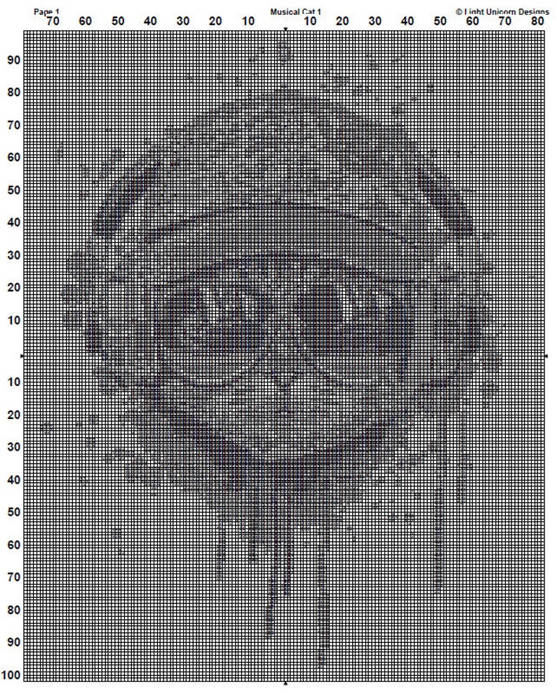 May include: Black and white pixel art pattern of a musical cat. The cat is sitting with its tail curled around its body. The pattern is on a grid with numbers 1-100.