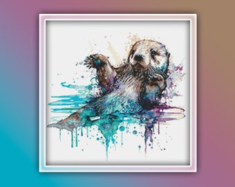 Sea Otter Cross Stitch Pattern 1 Instant PDF Download - Baby Sea Otter Watercolor Stitching Pattern - Ocean Animals Cross Stitch Pattern